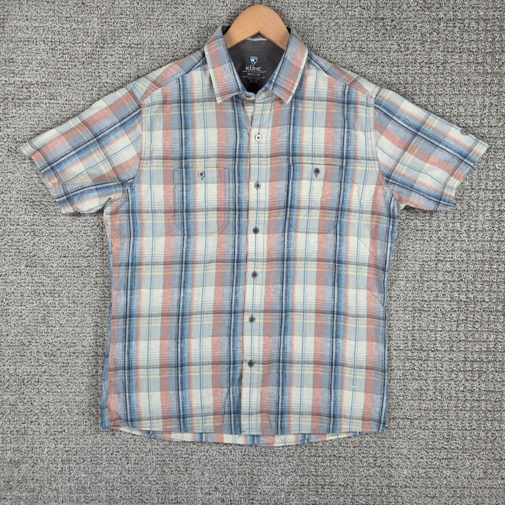 Kuhl Mens Skorpio Medium Short Sleeve Button Down Shirt Linen Blend Plaid